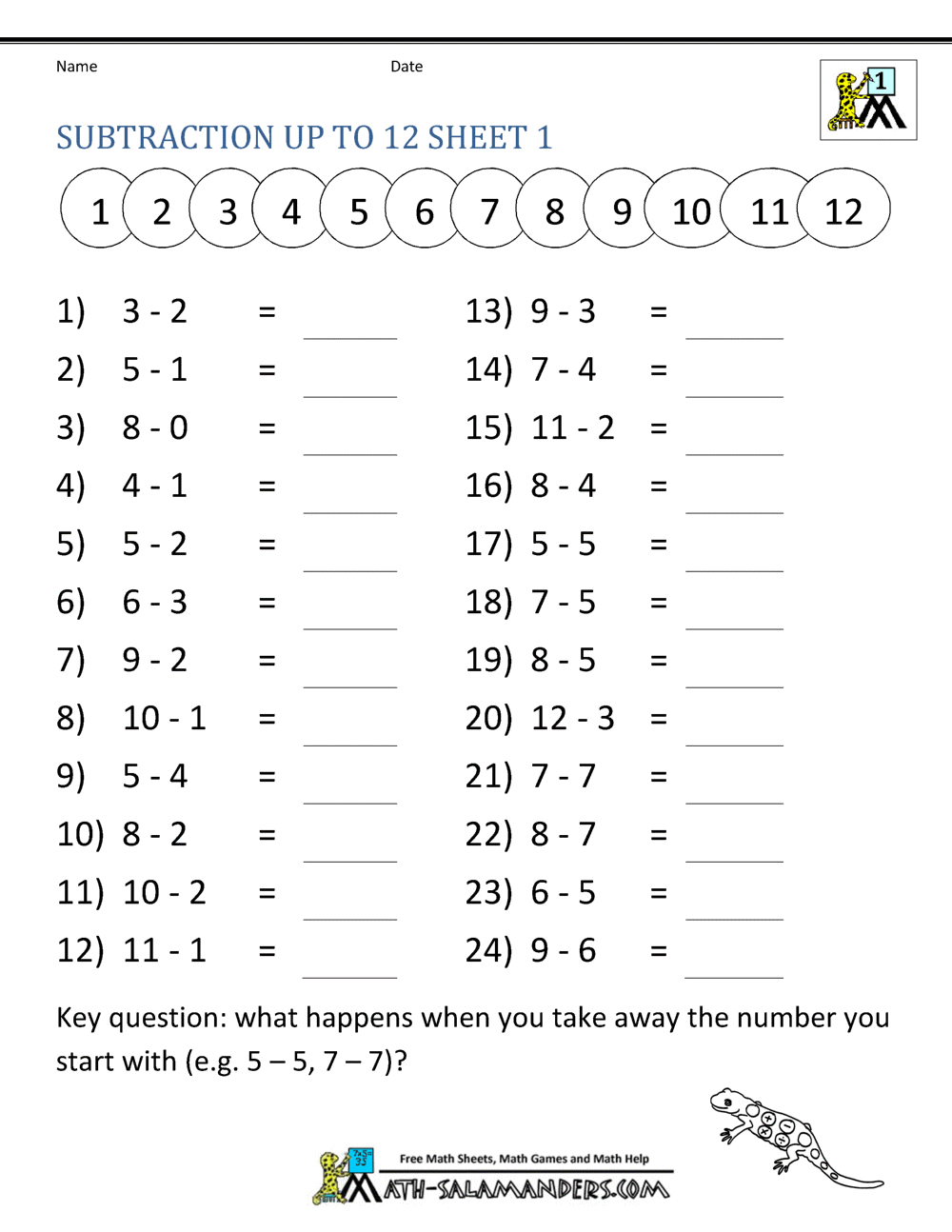Free printable Math Sheets For 1st Grade featuring subtraction facts up to 12