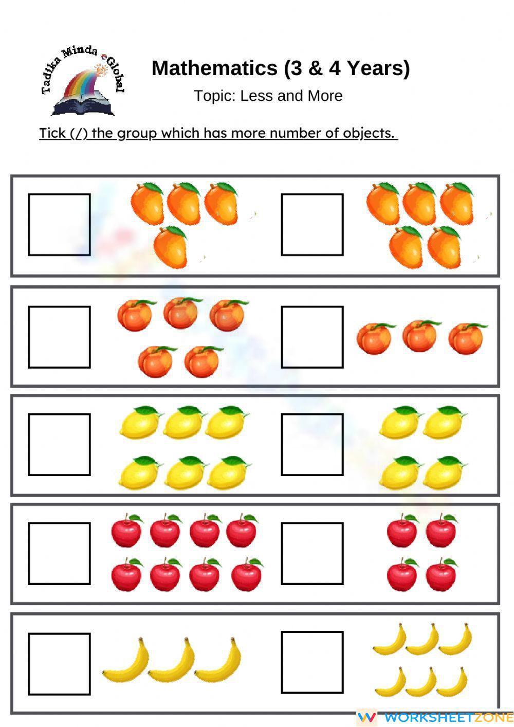 Math Sheets For 4 Year Olds - 3 & 4 Years: Mathematics (Less And More) Worksheet - Worksheets Library
