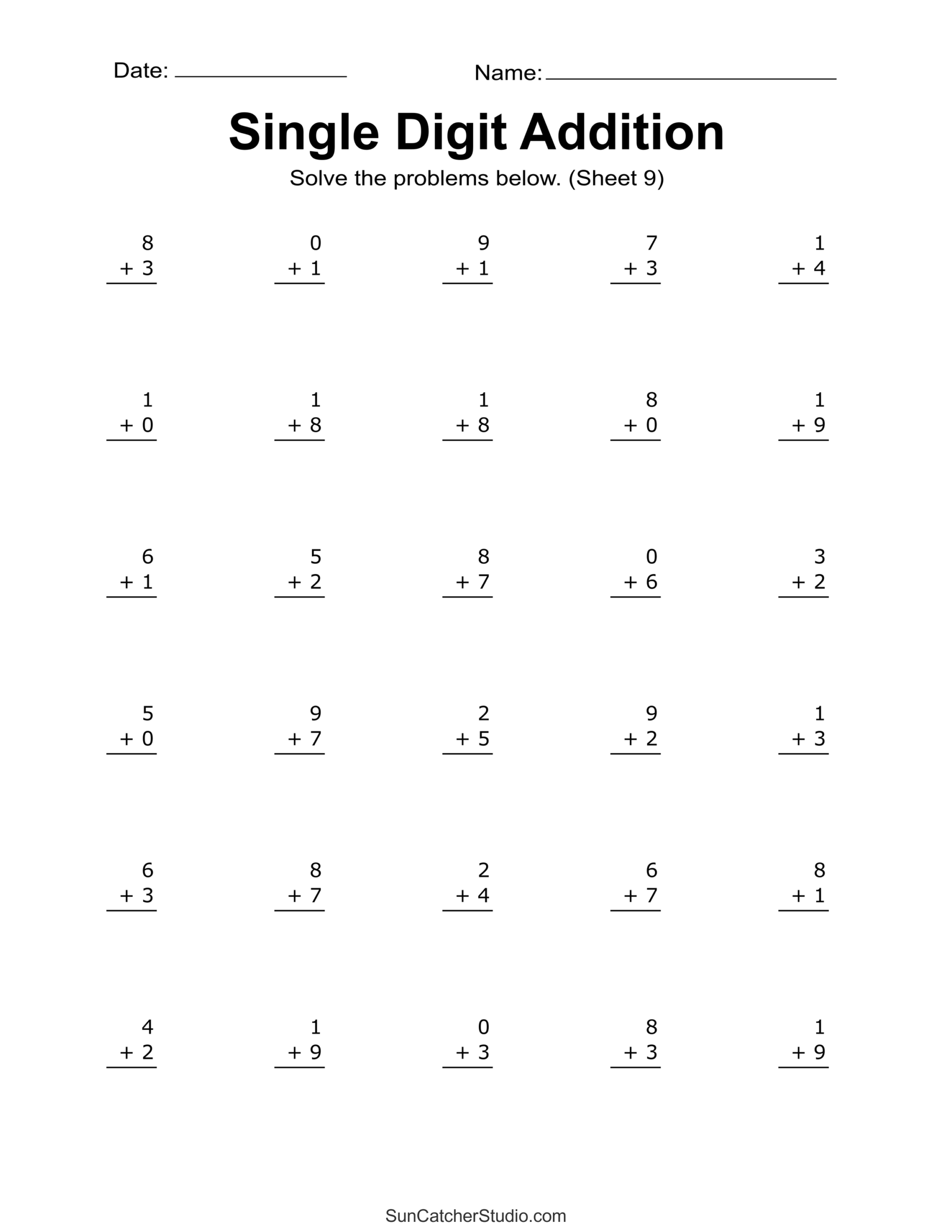 Free printable single digit addition worksheet for Math Work For 1st Graders