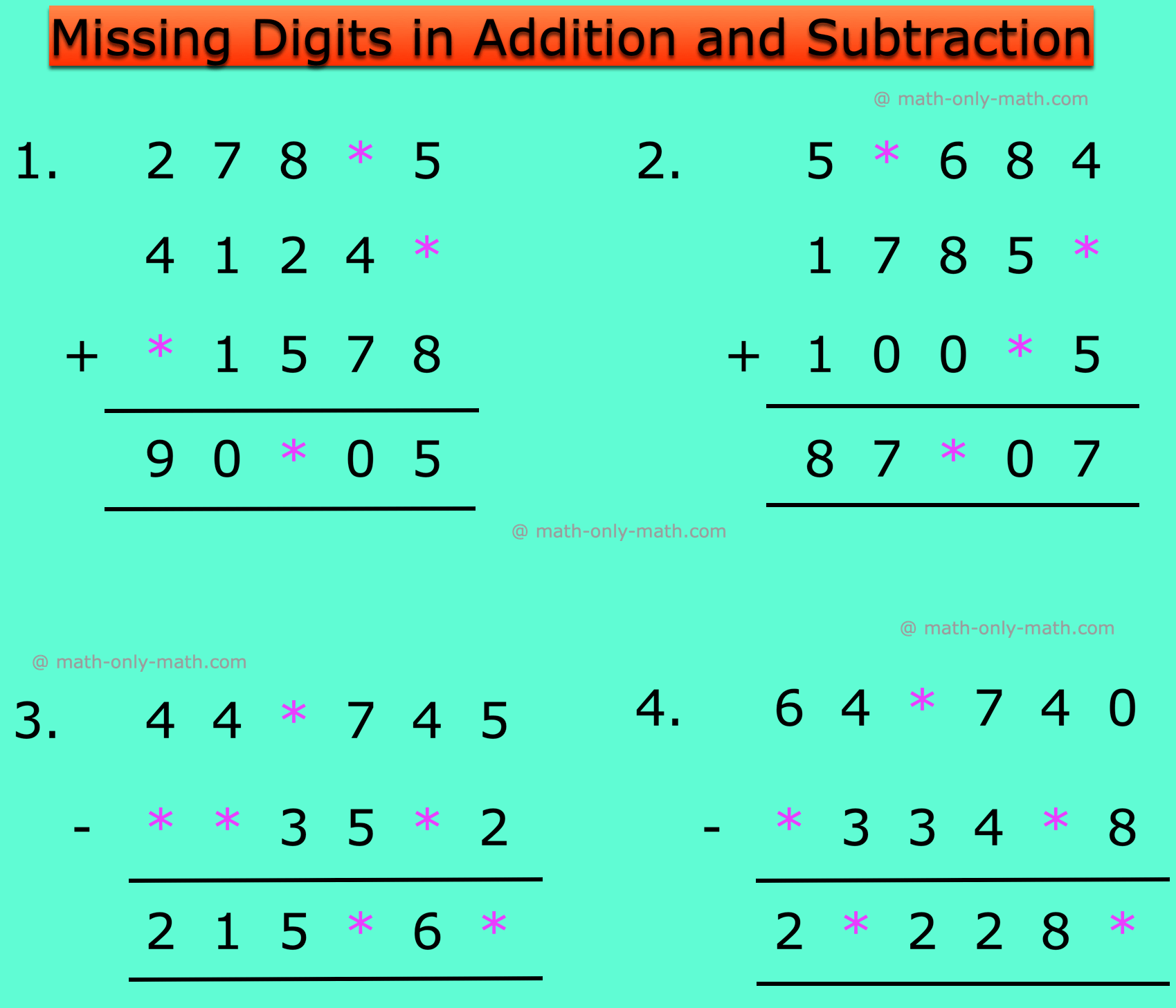Free printable Math Worksheet For 4th Graders focusing on missing digits in addition and subtraction problems