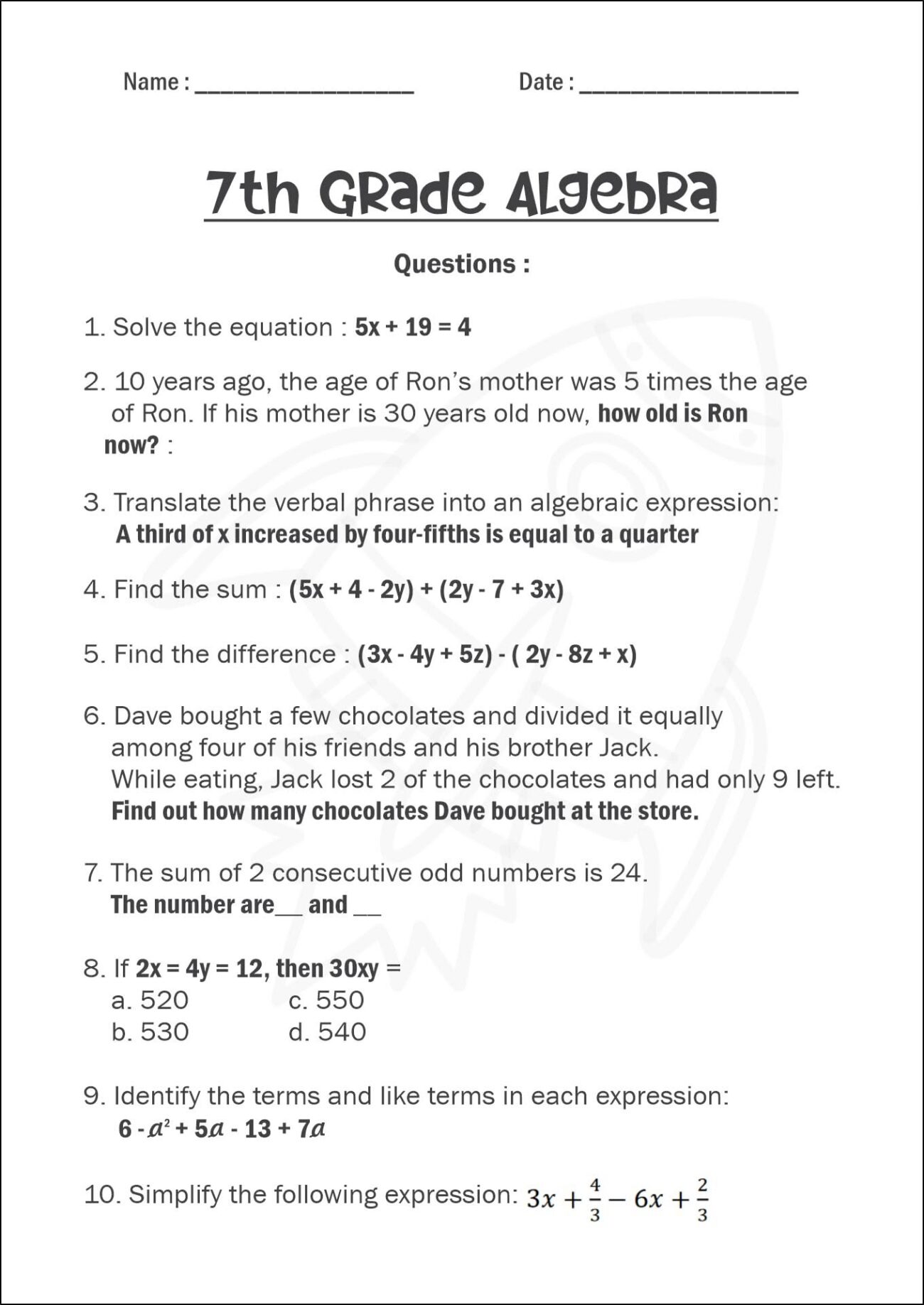 Math Worksheet For 7th Grade - 12 7th Grade Math Worksheets With Answer Key | 7th grade algebra ...