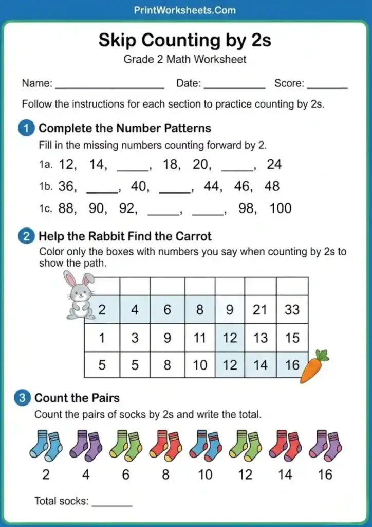 Printable math worksheet for 2nd graders focusing on skip counting by 2s