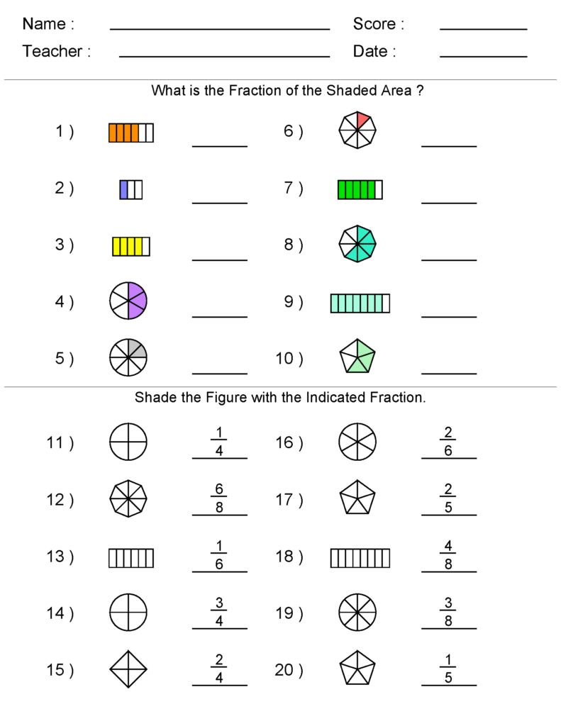 Printable math worksheets for 5th grade featuring fractions and shaded areas
