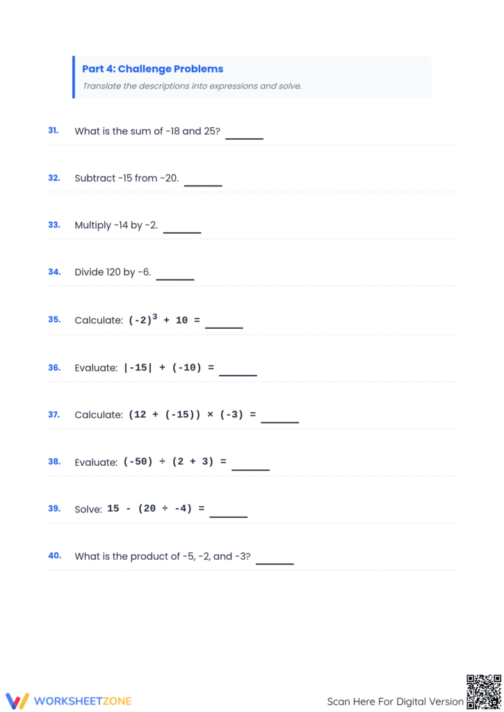 Math Worksheets For 7th Graders Printable – Signed Numbers Interactive Interactive signed numbers worksheet for 7th graders, part of Math Worksheets For 7th Graders Printable