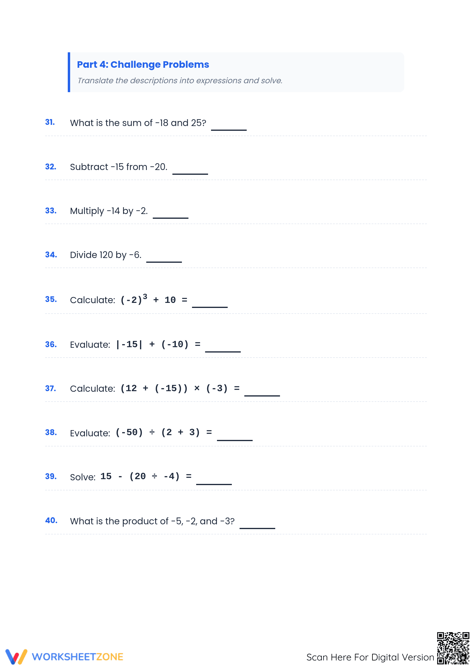 Interactive signed numbers worksheet for 7th graders, part of Math Worksheets For 7th Graders Printable