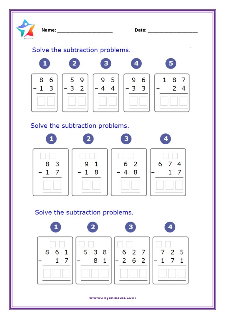 Printable subtraction worksheet for 3rd grade students with multiple problems