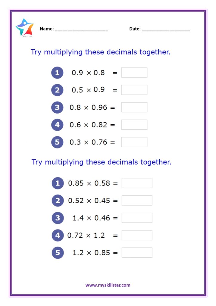 5th grade math worksheet focusing on multiplying decimals