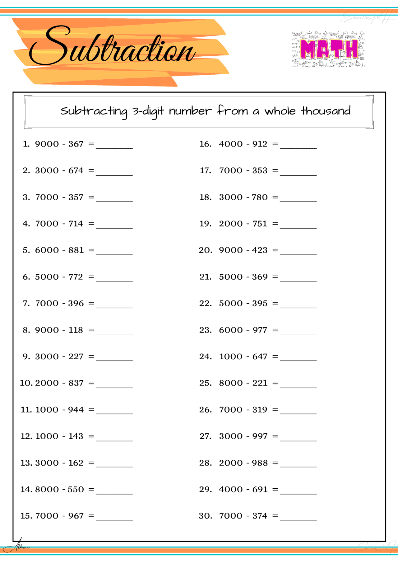 Mathematics Worksheet For Class 4 - Grade 4 Math Worksheet | Subtraction Part 4 - Education PH