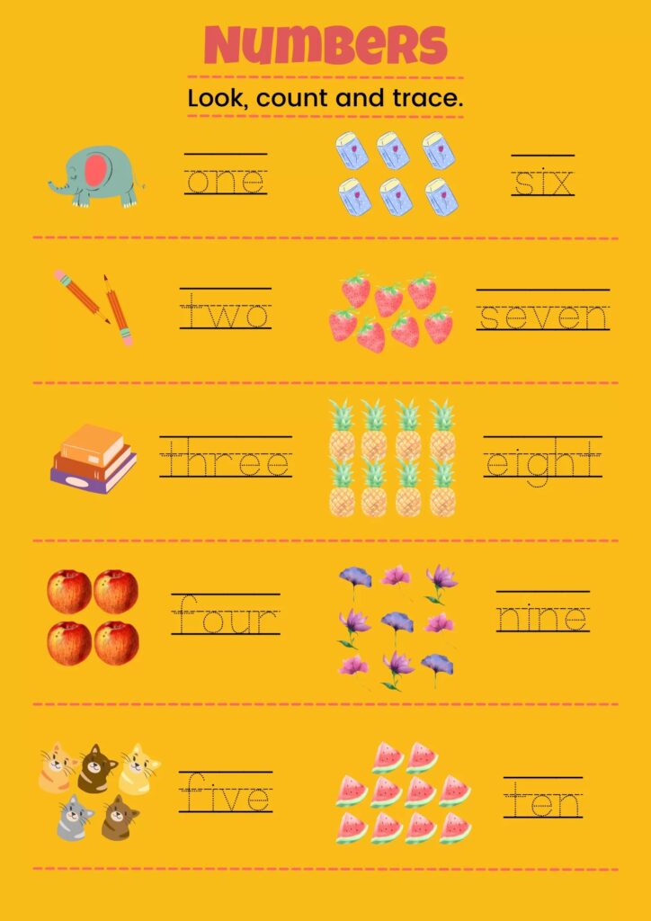 Colorful preschool maths worksheets for kids focusing on counting and tracing numbers
