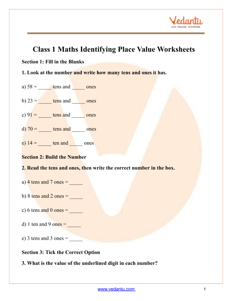 Maths Worksheet For Class 1 – Identifying Place Value Free printable Maths Worksheet For Class 1 focusing on identifying place value with fill-in-the-blank exercises