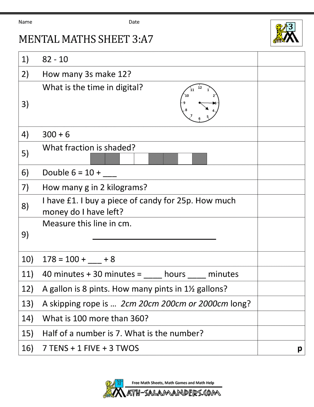 Maths Worksheet For Class 3 - Mental Maths Worksheets For Grade 3