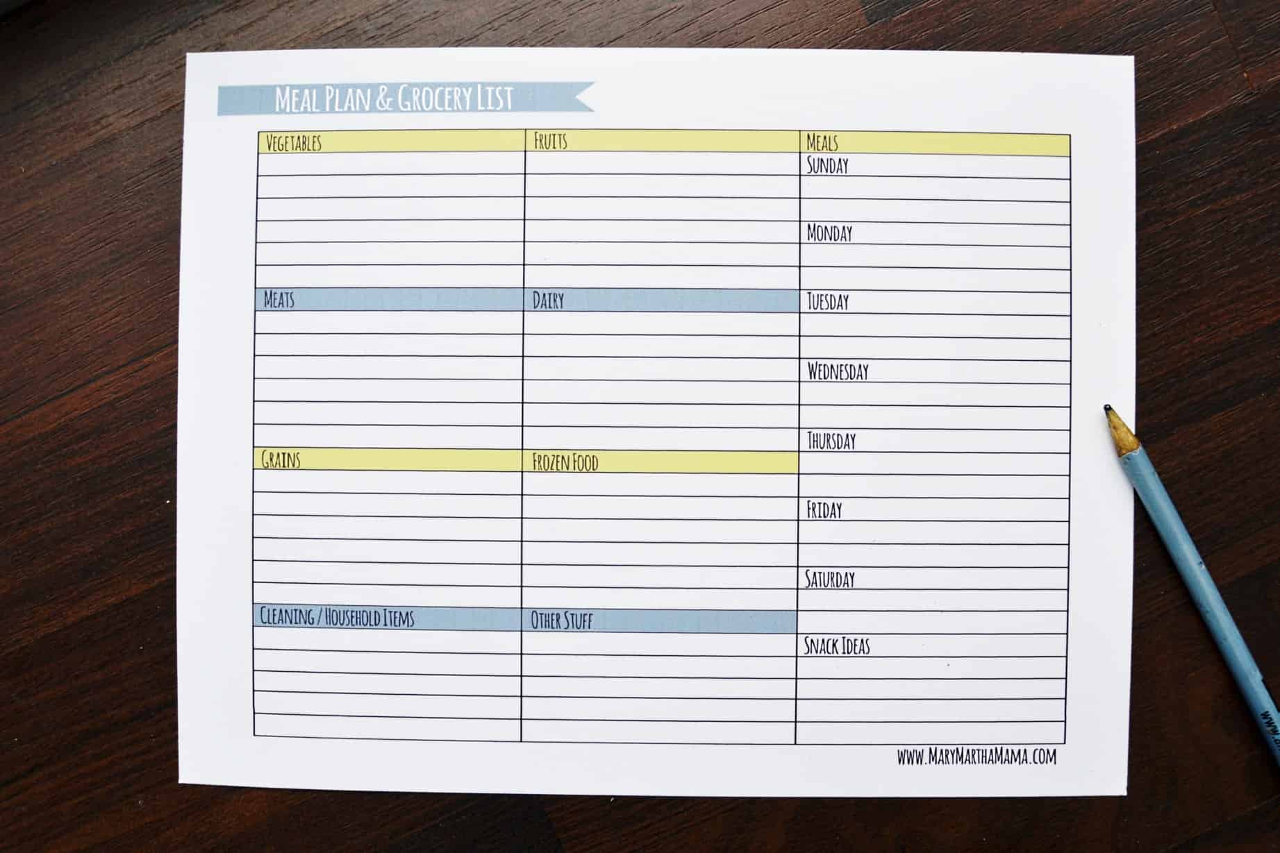 Free Meal Plan And Grocery List Printable featuring a weekly planner layout