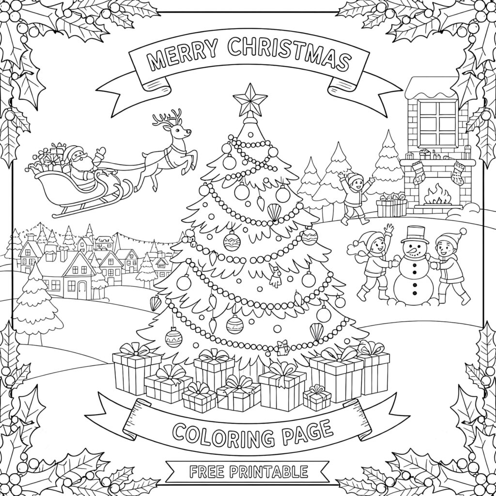 Merry Christmas Printable Coloring Pages with Santa, a Christmas tree, and children playing in the snow