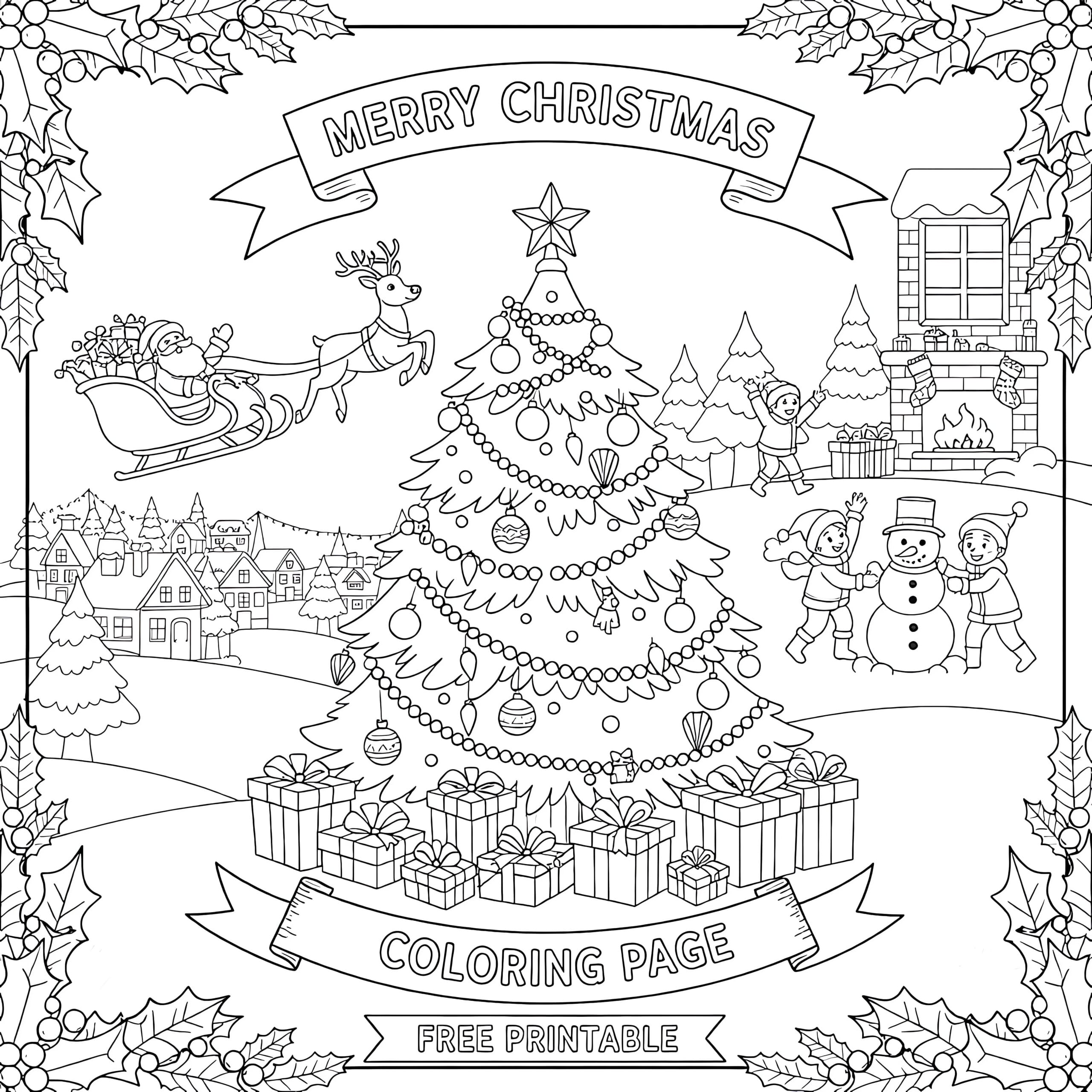 Merry Christmas Printable Coloring Pages with Santa, a Christmas tree, and children playing in the snow