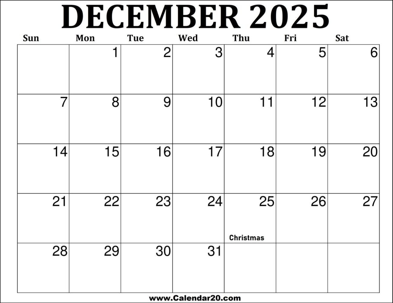 Month Of December 2025 Printable Calendar - Free Printable December 2025 Calendar