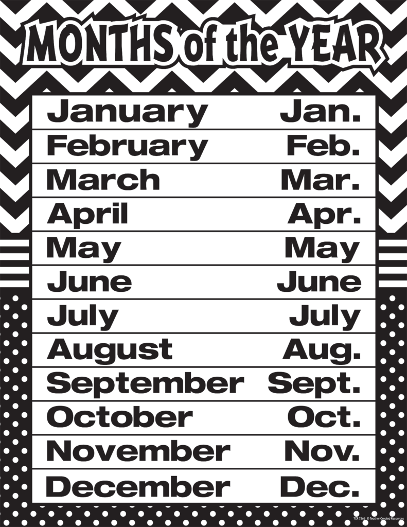 Black and white months of the year chart printable featuring all twelve months listed clearly