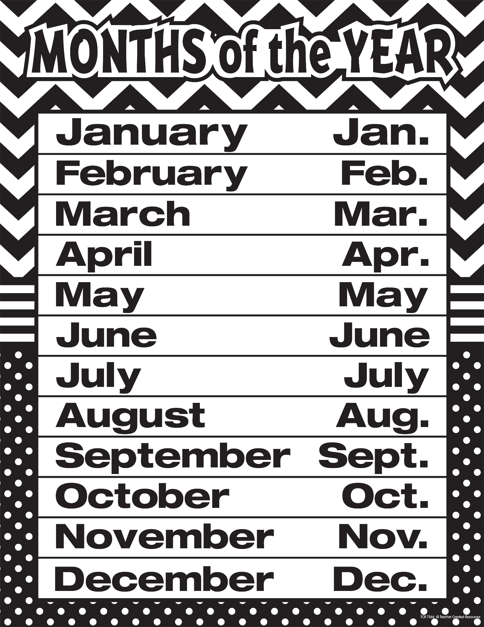 Black and white months of the year chart printable featuring all twelve months listed clearly