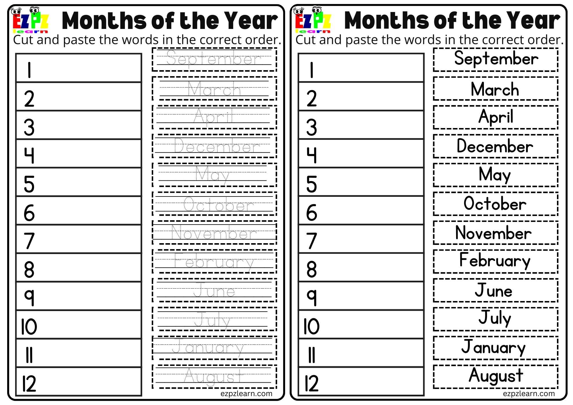 Months Of The Year Printables - Free printable months of the year worksheet for kids to cut and paste in order