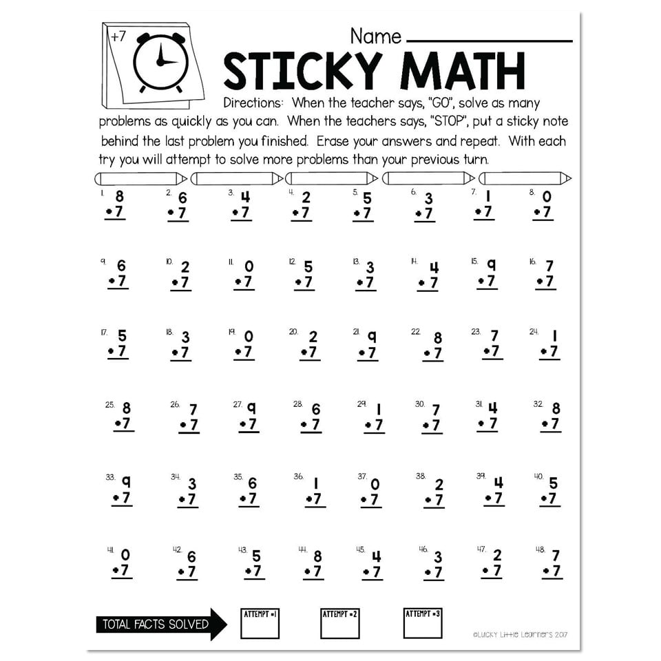 Sticky Math Fact Practice Worksheet for 7th Graders Sticky math fact practice worksheet for 7th graders focusing on addition and subtraction