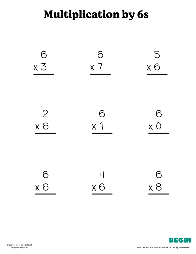 Multiplication by 6s Worksheet for 6th Graders Multiplication worksheet focusing on the 6 times table for 6th graders