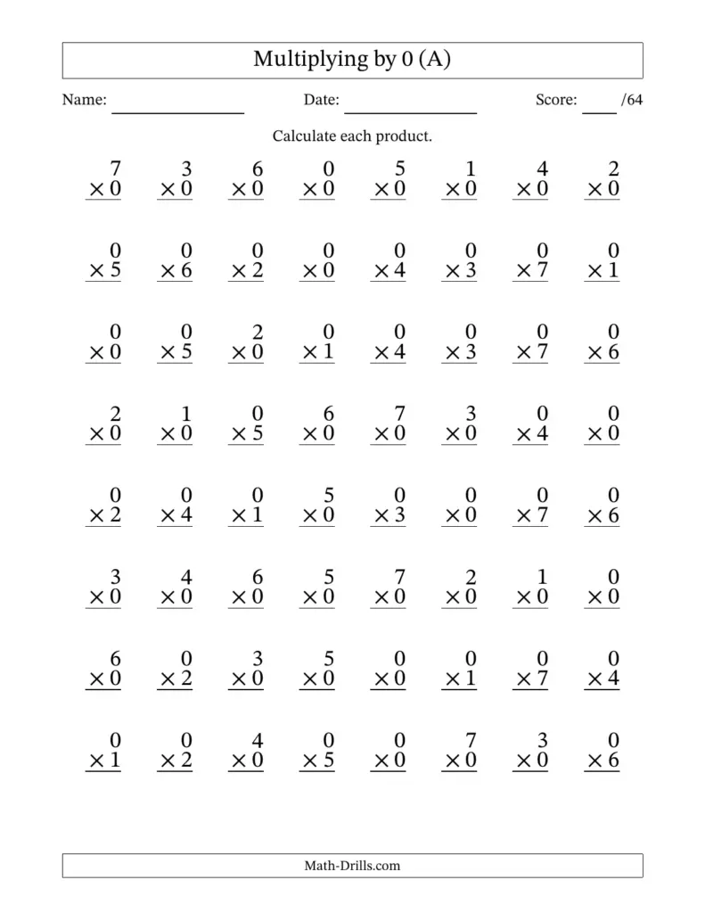 Worksheet for practicing multiplication facts with zeros