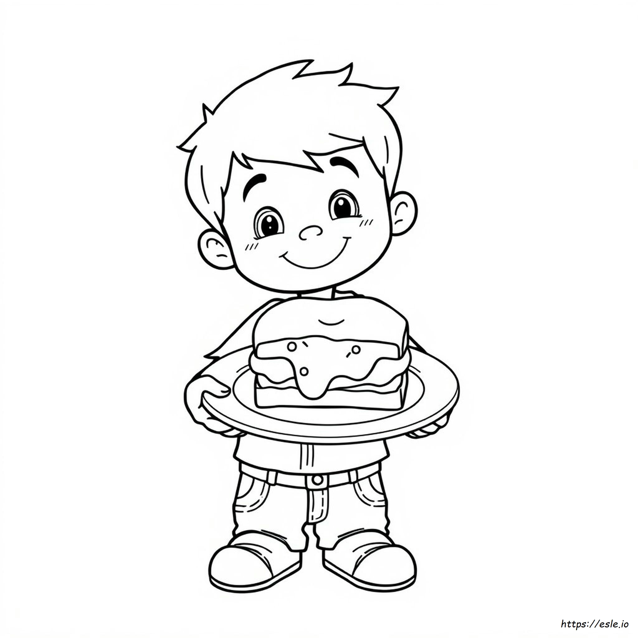 Cute boy holding a sandwich on a plate in My Pb And J Coloring Pages