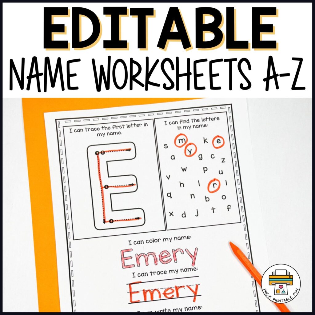 Editable name practice worksheets featuring letter tracing and name coloring activities