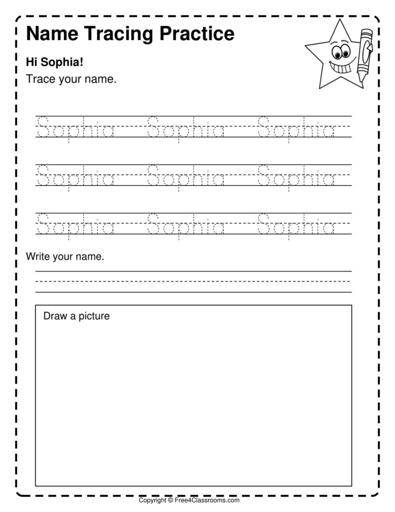 Free Name Practice Worksheets For Preschool featuring a tracing worksheet for the name Sophia