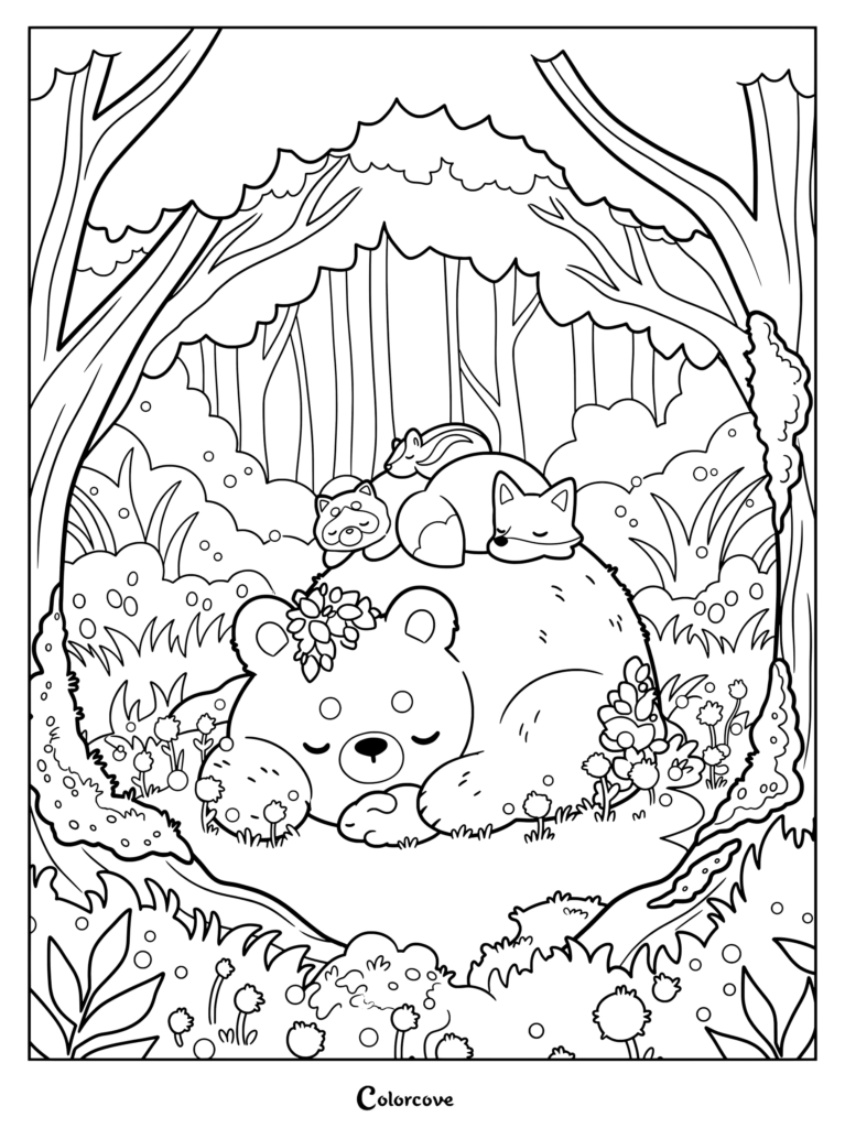 Nature Coloring Sheet – Bear and Friends in the Forest Nature coloring sheet showing a bear sleeping with forest animals
