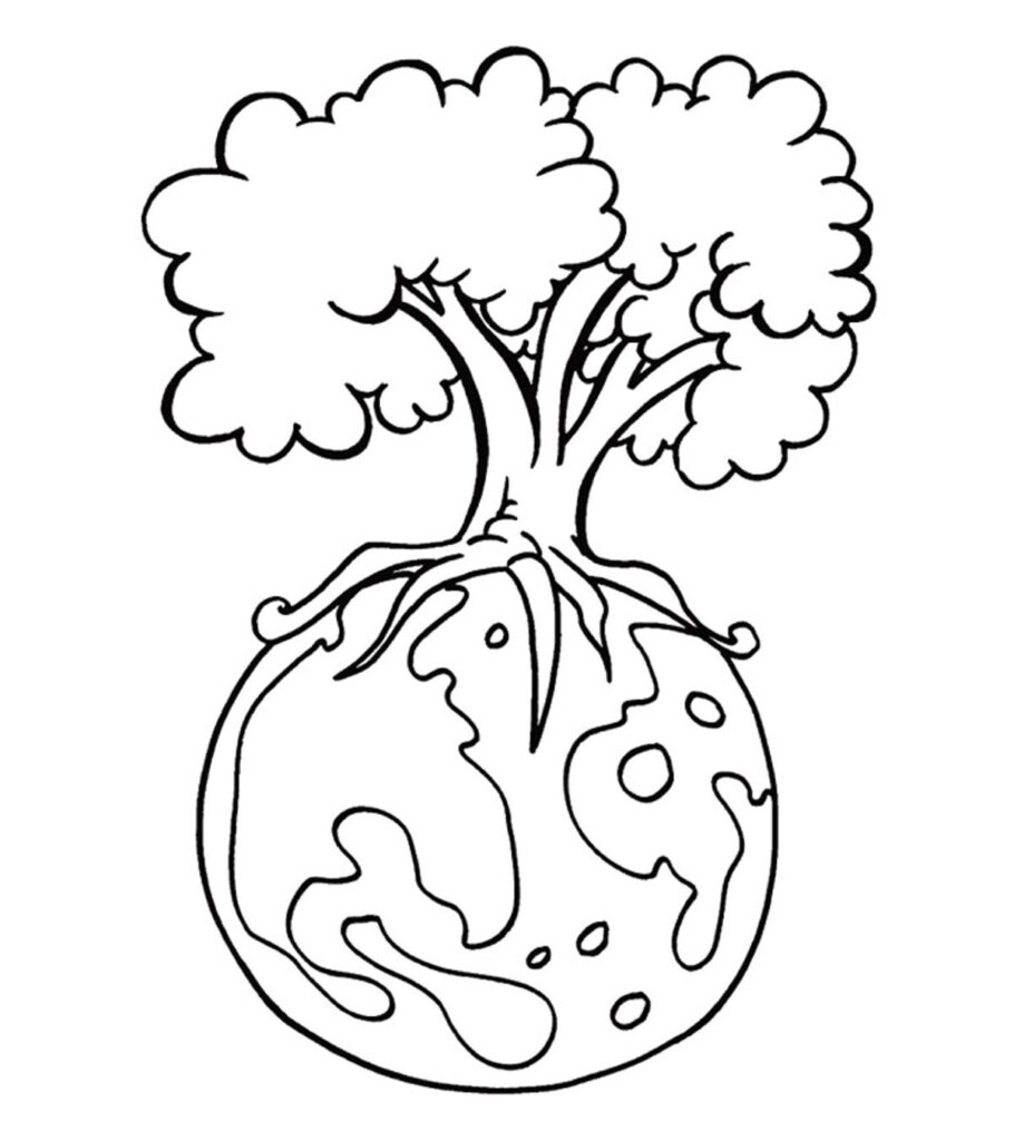Nature Coloring Page – Tree on Earth Nature coloring page depicting a tree growing on a globe