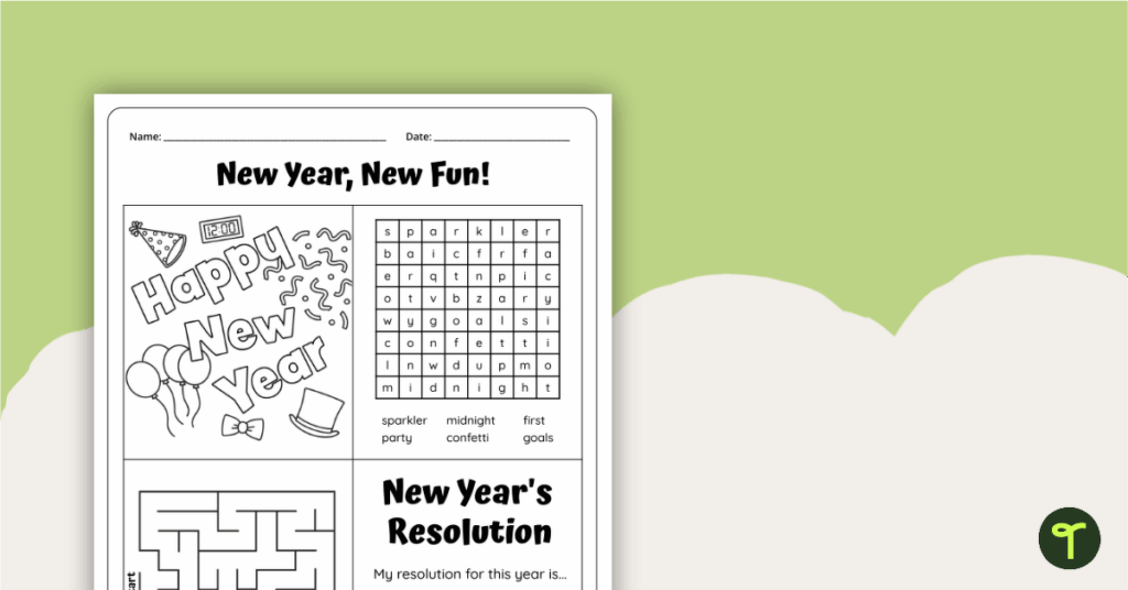 New Year Fun Activity Sheet for Kids Exciting New Year fun activity sheet with games and resolutions