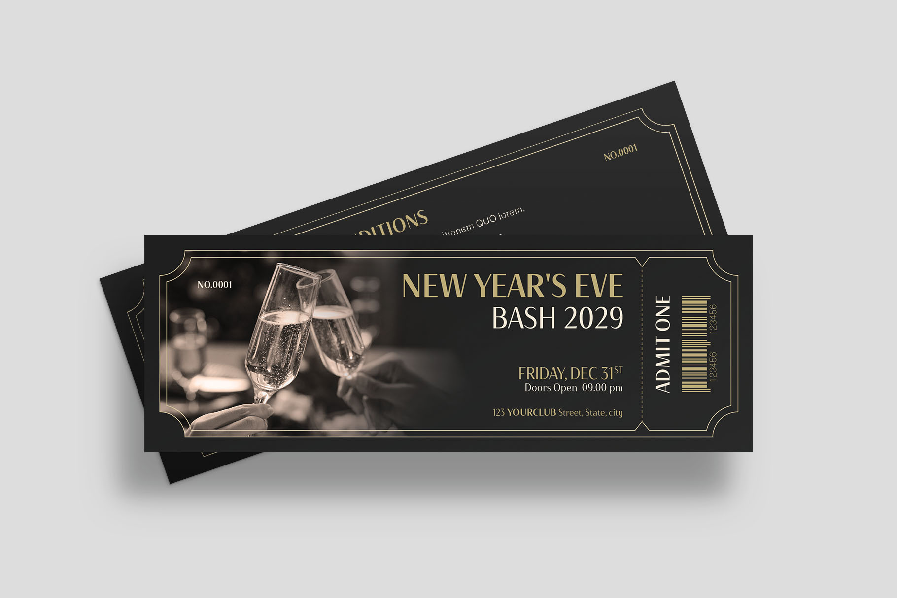 Elegant New Year's Eve Template for an event ticket featuring champagne glasses and festive design