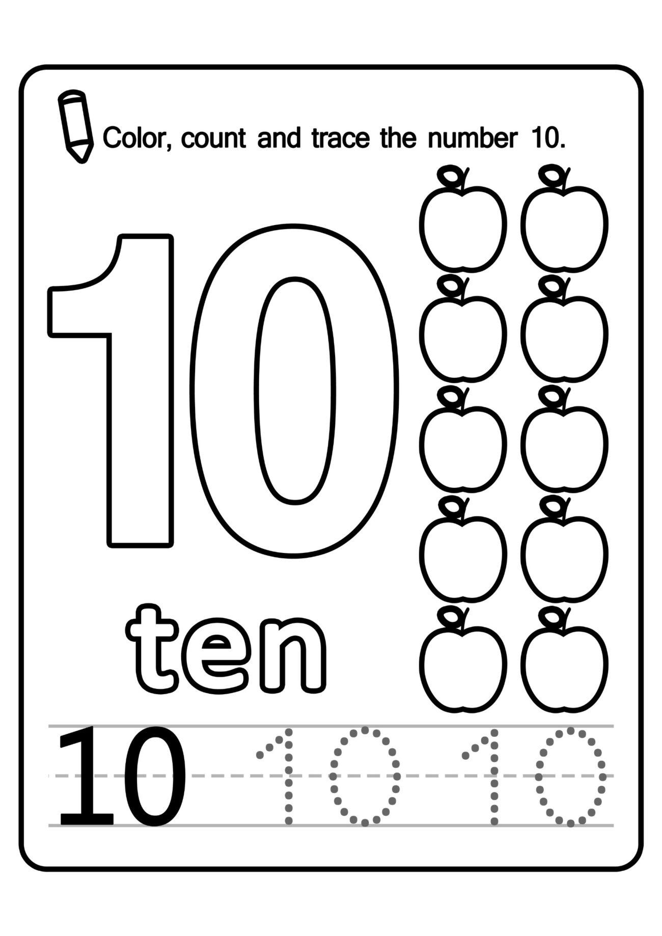 Number 10 Worksheets For Preschoolers - Color, Count, & Trace Number Pages, Numbers 0-10, Printable Preschool ...