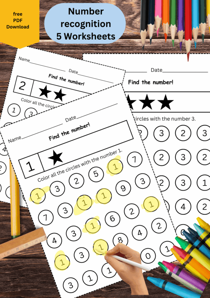 number recognition worksheets for KIndergarten(1-5) free download