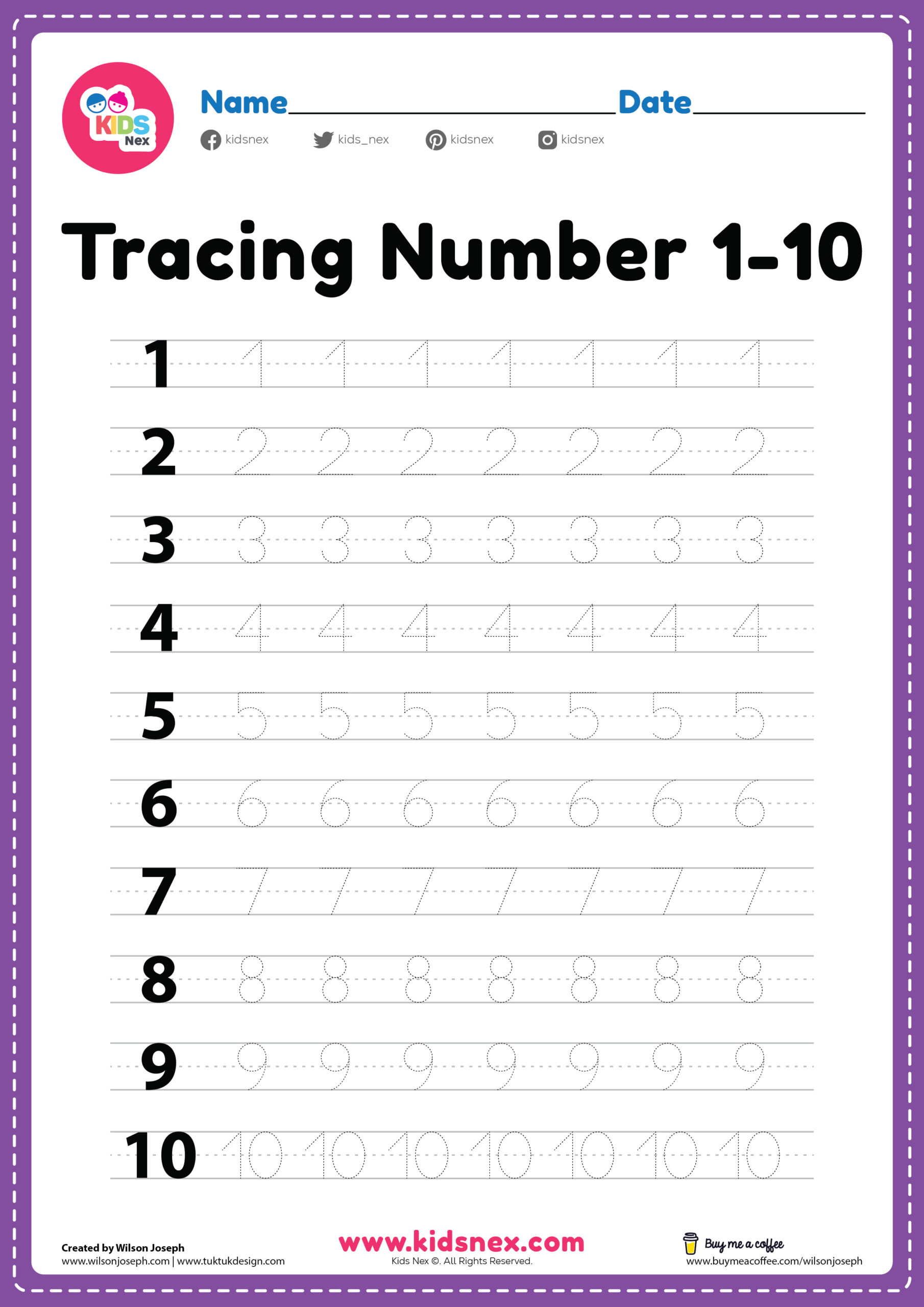 Free printable Number Worksheets For Preschool 1 10 featuring tracing numbers 1 to 10