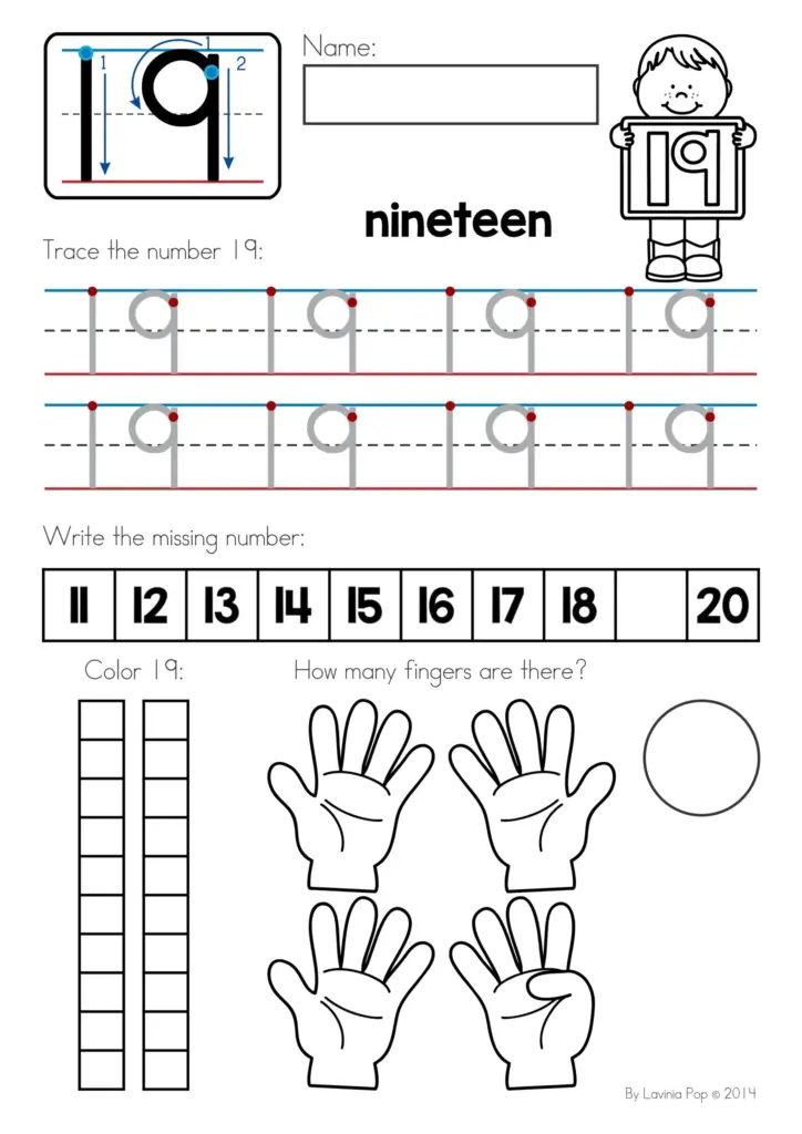 Free printable Number Writing Sheets For Kindergarten featuring tracing and writing number 19