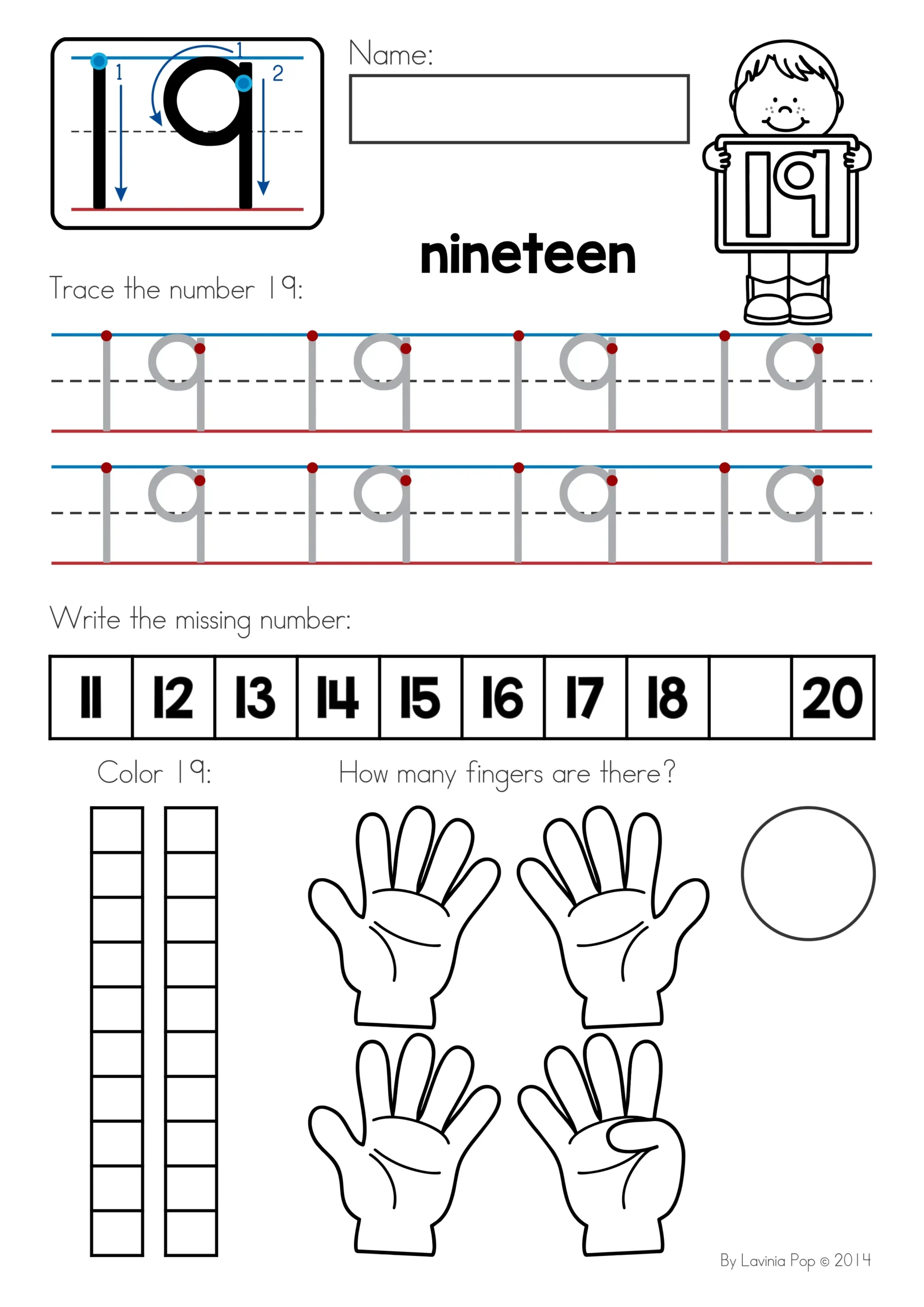 Free printable Number Writing Sheets For Kindergarten featuring tracing and writing number 19