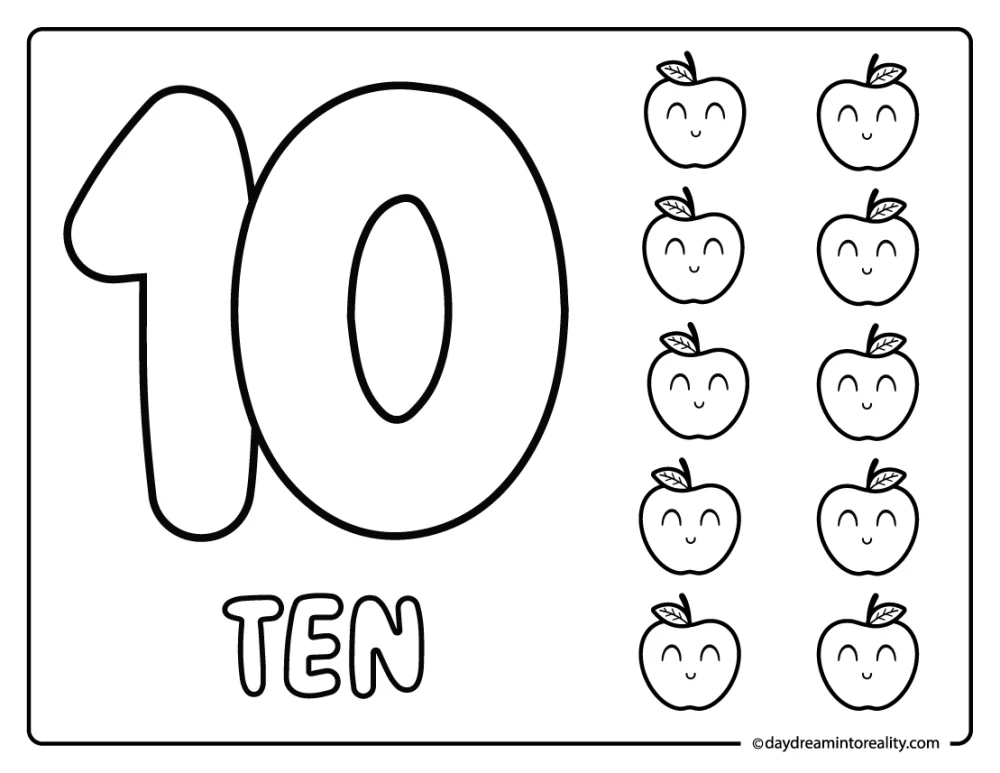 Numbers 1-10 Coloring Pages for Early Learning Numbers 1-10 coloring page with cheerful apples and large number ten