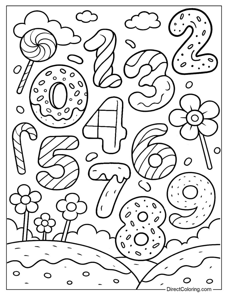 Colorful Numbers Coloring Pages for Kids Colorful numbers 0-9 coloring page with playful designs for children