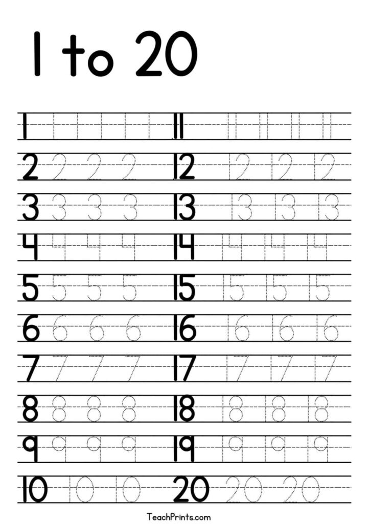 Numbers For Kindergarten 1 20 - Tracing Numbers 1-20 Worksheets (Free Printable Pdfs) - Teach Prints