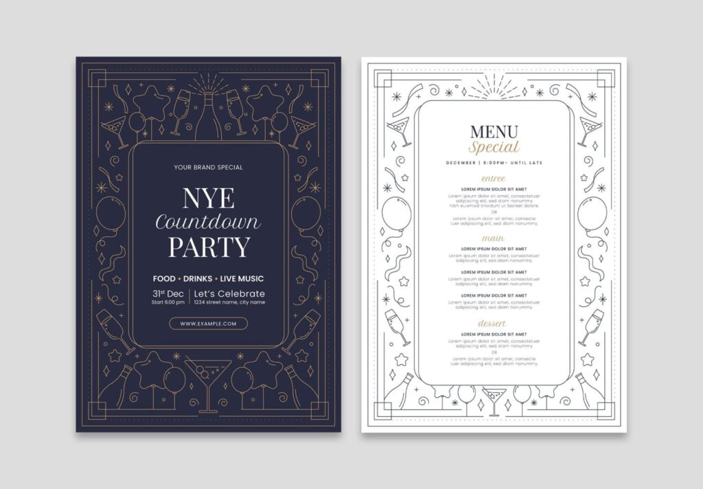 New Year’s Eve Menu Template Festive New Year's Eve Menu Template showcasing food and drink options