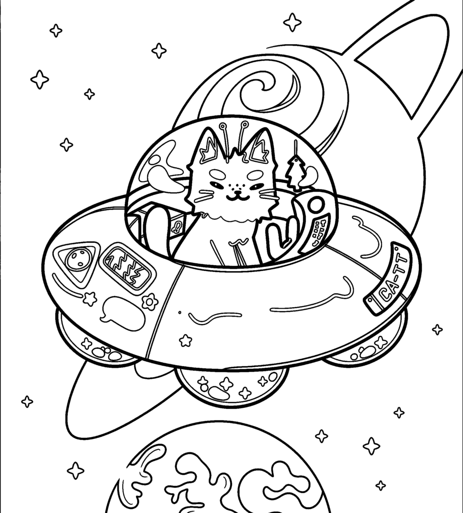 page of a cat in a spaceship enjoying ice cream in space