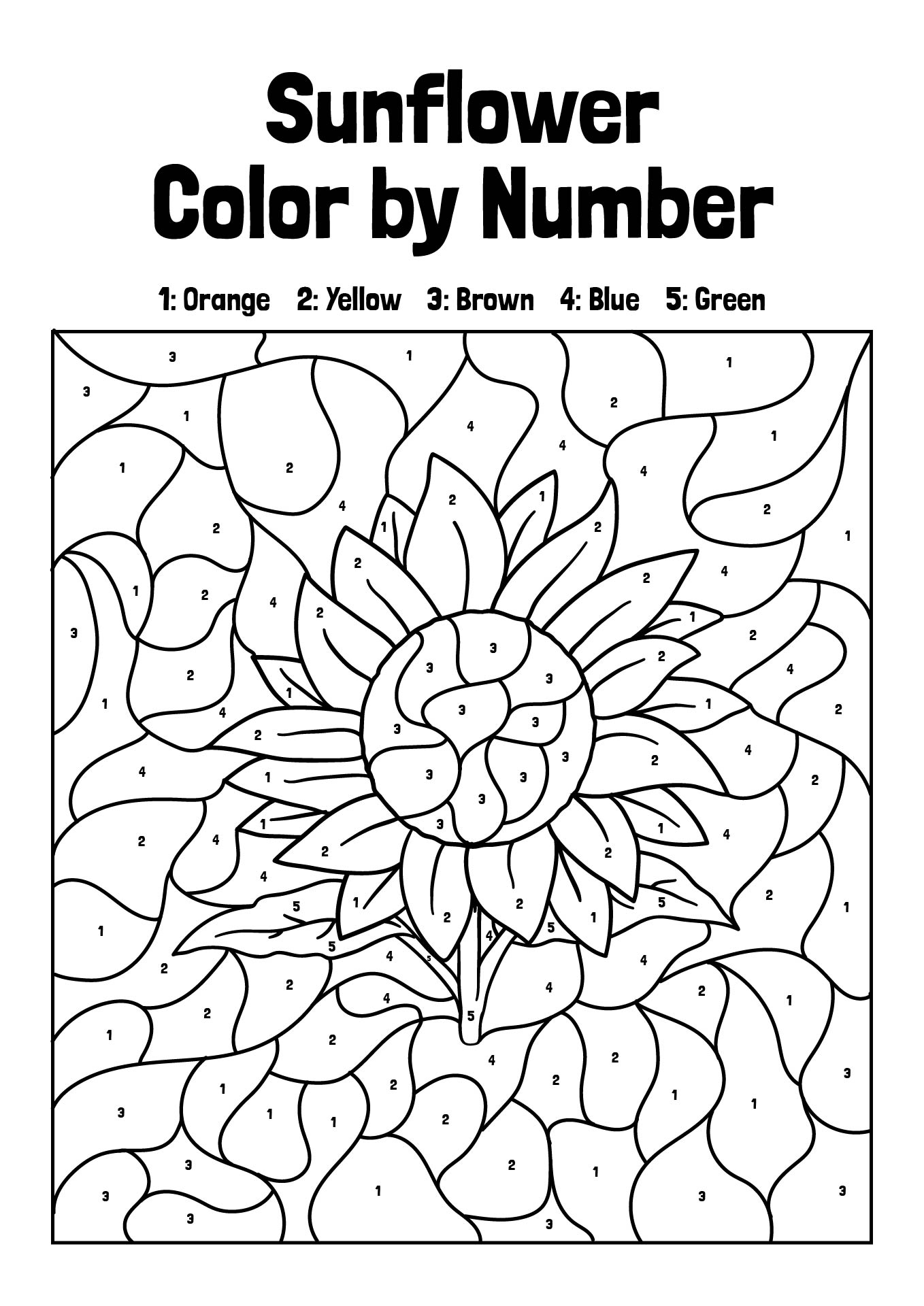 Paint By Numbers Coloring Pages - Printable sunflower paint by numbers coloring page for adults with numbered sections