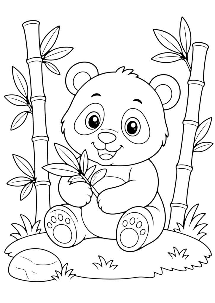Cute panda sitting with bamboo on a coloring page for kids