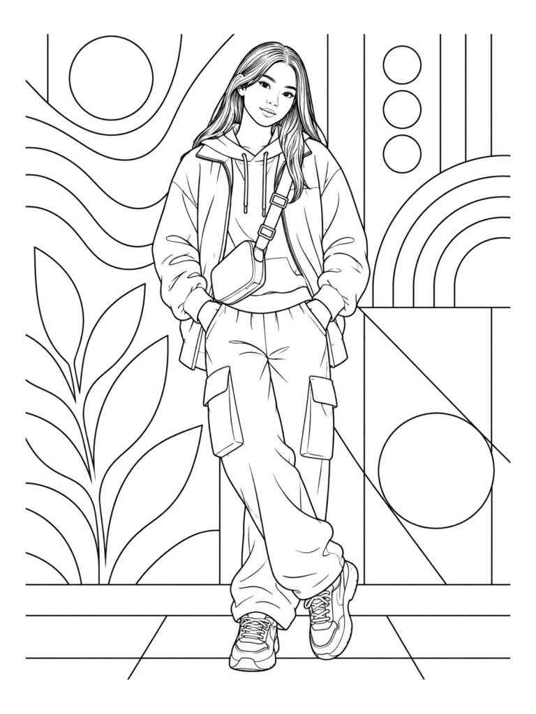 A stylish young adult character coloring page, ideal for creative expression and relaxation
