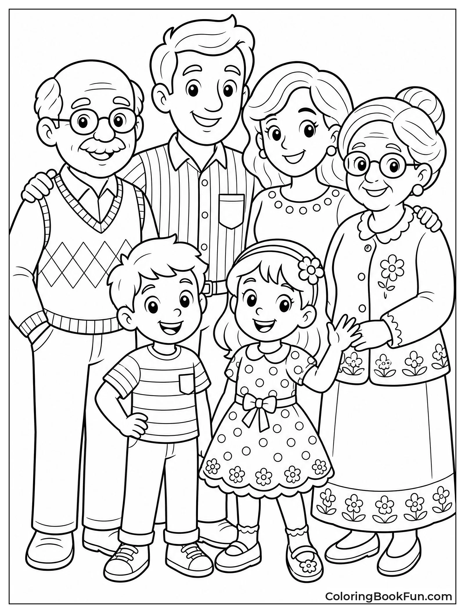 A family portrait coloring page featuring six diverse characters, perfect for People Coloring Pages For Adults