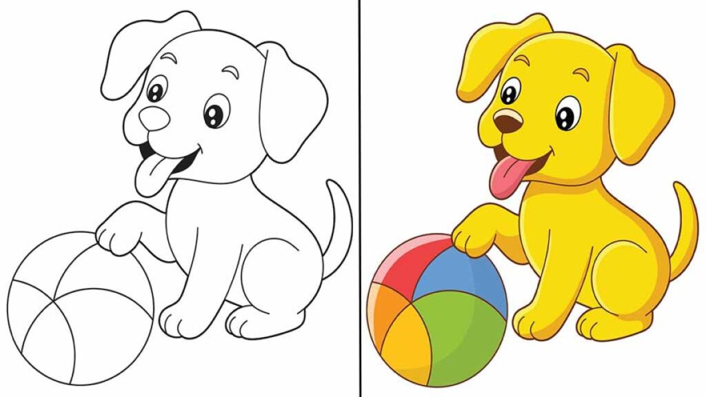 Free printable picture of a dog to colour featuring a cute puppy playing with a ball