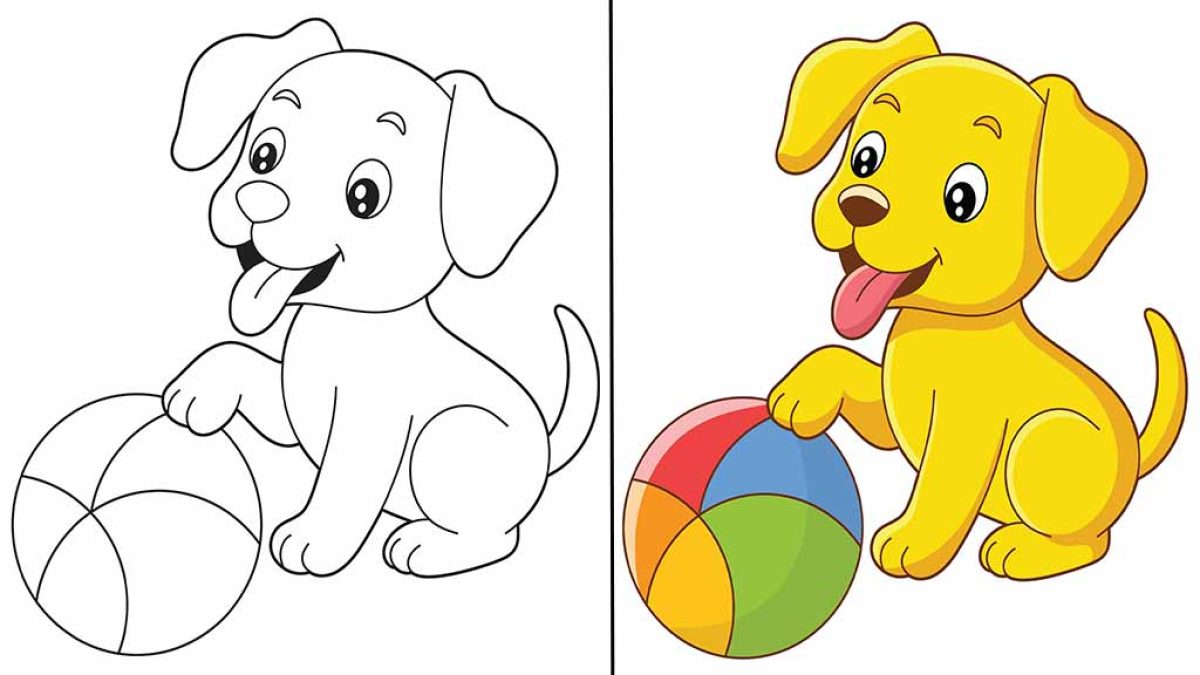 Free printable picture of a dog to colour featuring a cute puppy playing with a ball
