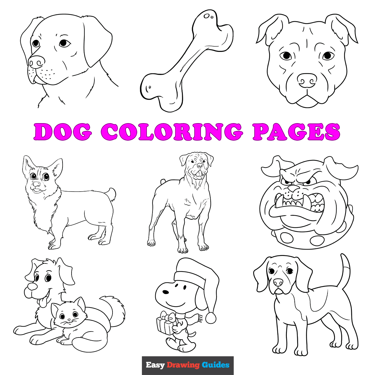 Pictures Of Dogs To Print For Free - A collection of dog coloring pages featuring various dog breeds and a bone