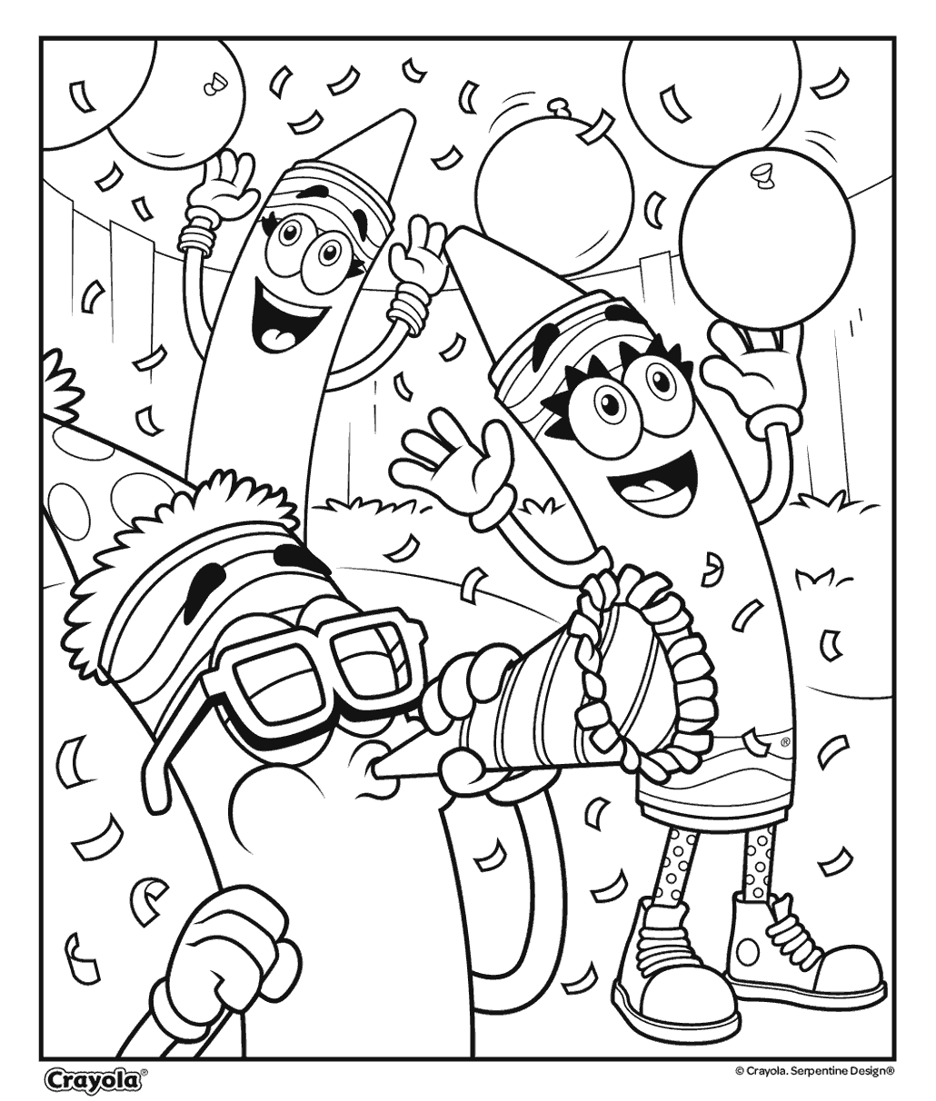 Colorful crayons celebrating with balloons in a fun scene, perfect for Pictures To Color With Crayons